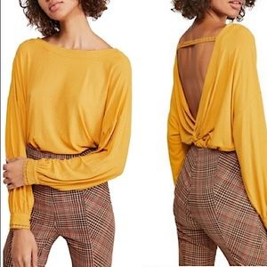 🥂HP🍾 FREE PEOPLE shimmy shake knot open back yellow long sleeve top L like new